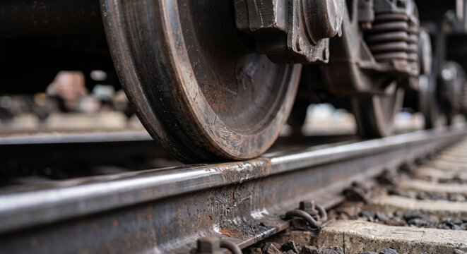 Close up of train wheels on steel railway tracks at junction industrial railroad.