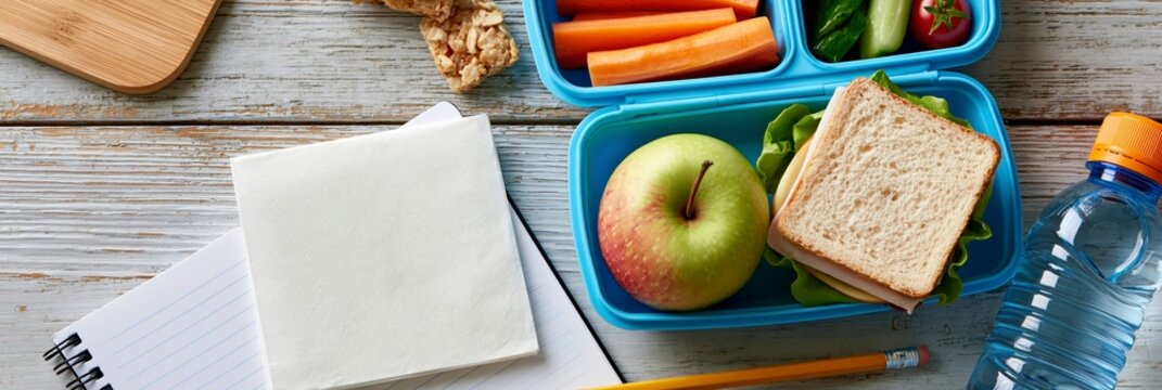Healthy lunchbox with sandwich, apples, nuts, and school supplies on grey background, back to school banner