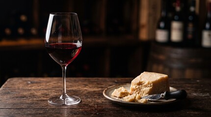 Naklejka premium A glass of red wine and a wedge of aged cheese on a rustic wooden table in a cellar