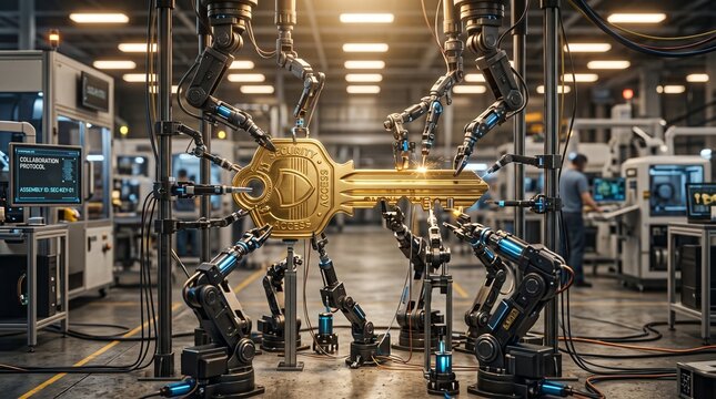 Robotic arms assemble a golden security access key in a high-tech factory setting