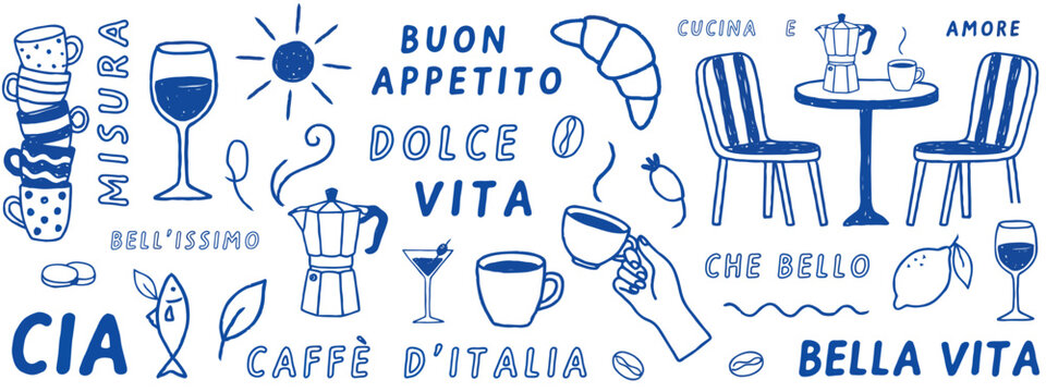 Blue hand drawn pattern with italian food and travel icons for restaurant menu design outline sketch vector illustration