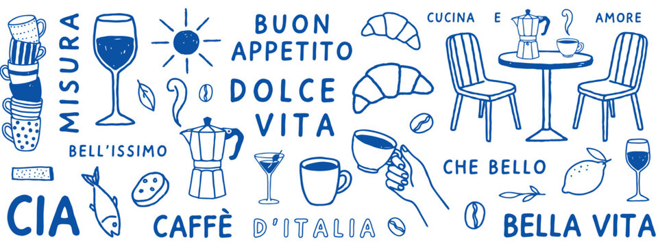 Blue italian food and drink doodle pattern with coffee wine and croissants outline sketch vector illustration