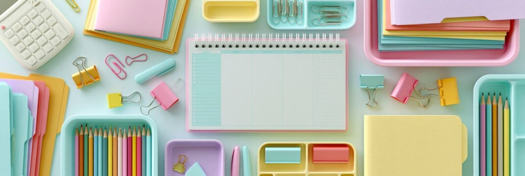 Flat lay of pastel stationery and office supplies on a desk, back to school banner