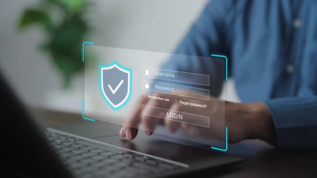 Corporate professional entering credentials on a secure digital login interface. Concept of encrypted account authentication, user identity verification, and data privacy security protection.