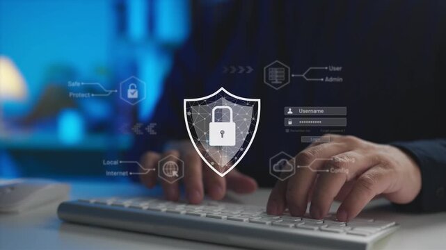 Corporate professional typing credentials on a secure login interface with a digital shield icon. Concept of cyber security network protection, encrypted server access, and data privacy defense.