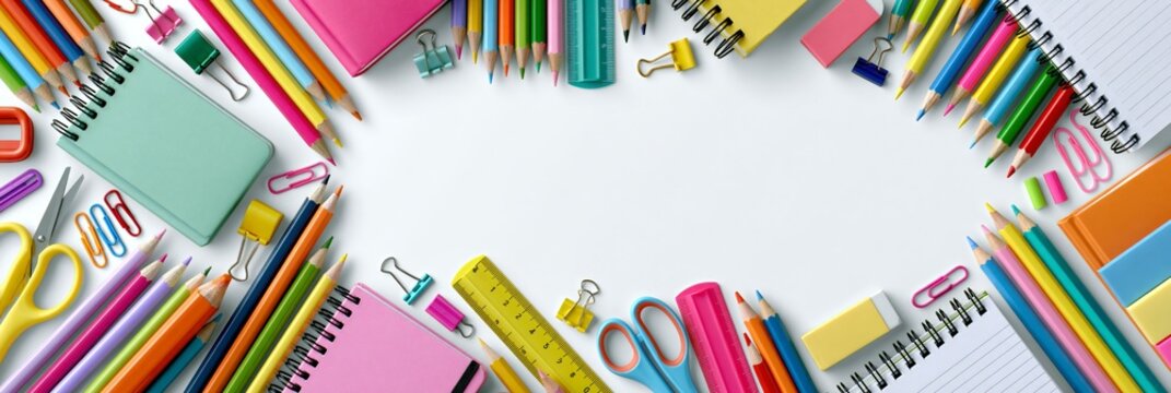 Colorful school supplies arranged on a white background, back to school banner