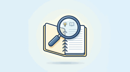 Fototapeta premium Notebook and magnifying glass icon representing research, learning, and educational analysis.