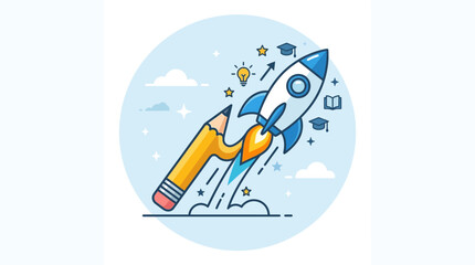 Obraz premium Creative pencil icon transforming into a rocket, symbolizing innovation, growth, and educational success.