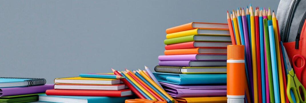 Colorful school supplies isolated on white background, back to school banner