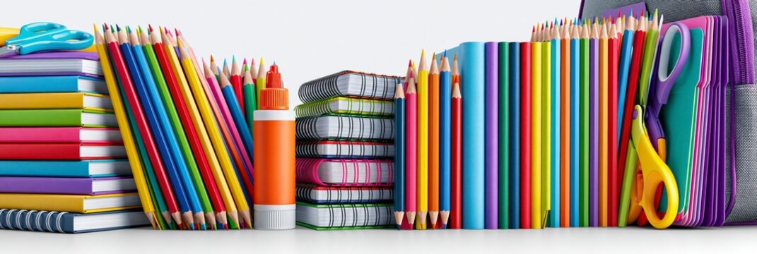Colorful school supplies isolated on white background, back to school banner