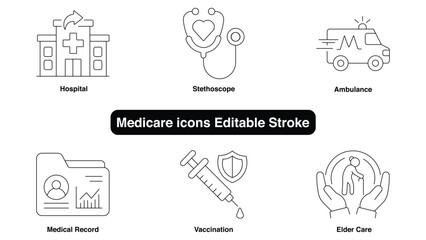 Fototapeta premium Medical medicare icons set with editable stroke for healthcare design