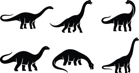 Set of Long Neck Dinosaur Silhouettes in Various Poses Isolated Black Vector Illustration Collection © MDKANAL