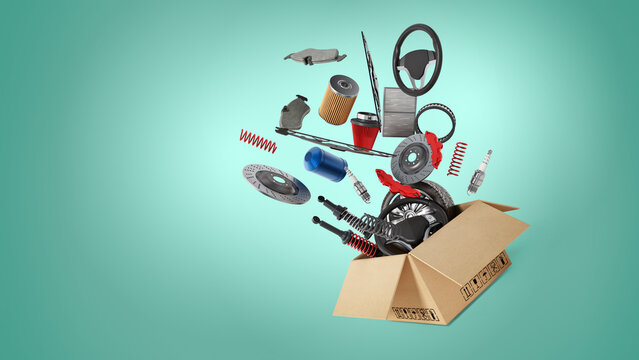 Auto spare parts standing on green background. 3D illustration