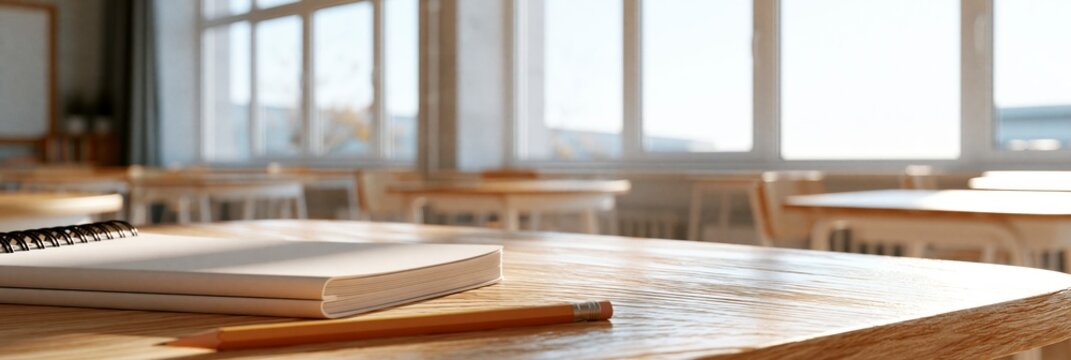 Empty classroom with a notebook and pencil on a wooden desk, back to school banner
