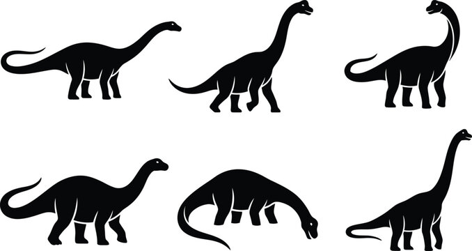 Set of Long Neck Dinosaur Silhouettes in Various Poses Isolated Black Vector Illustration Collection