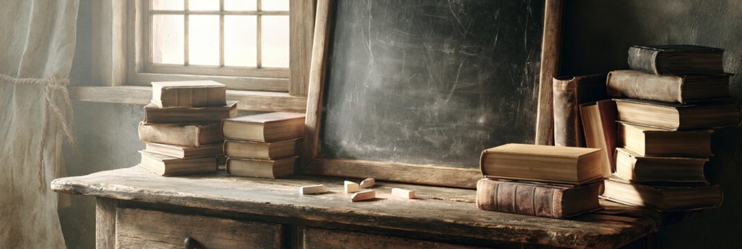 Old books and blackboard on a wooden desk, back to school banner