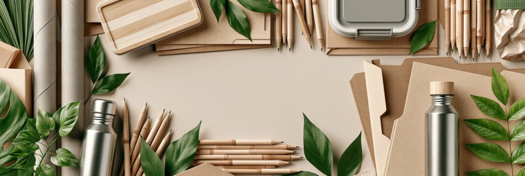 Ecofriendly office supplies and stationery with tropical leaves flat lay, back to school banner