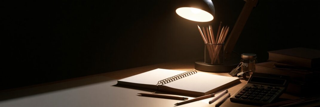 Desk lamp illuminating a notebook, pencils, and calculator, back to school banner
