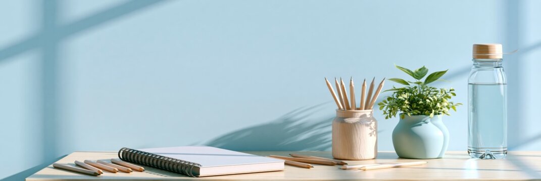 Minimalist desk workspace with notebook, pencils, plant and water bottle, back to school banner