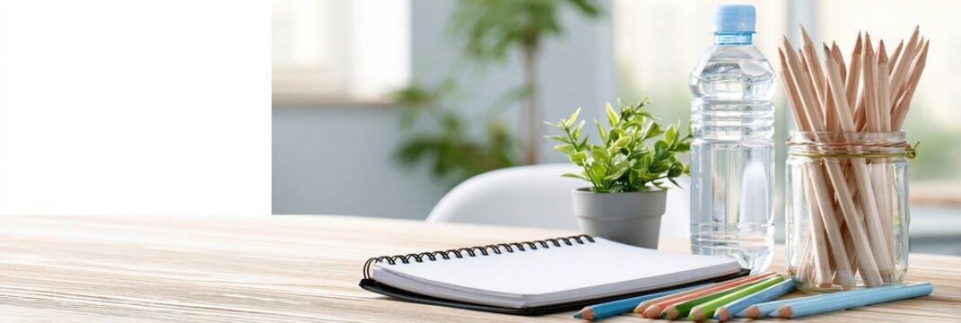 Minimalist desk workspace with notebook, pencils, plant and water bottle, back to school banner