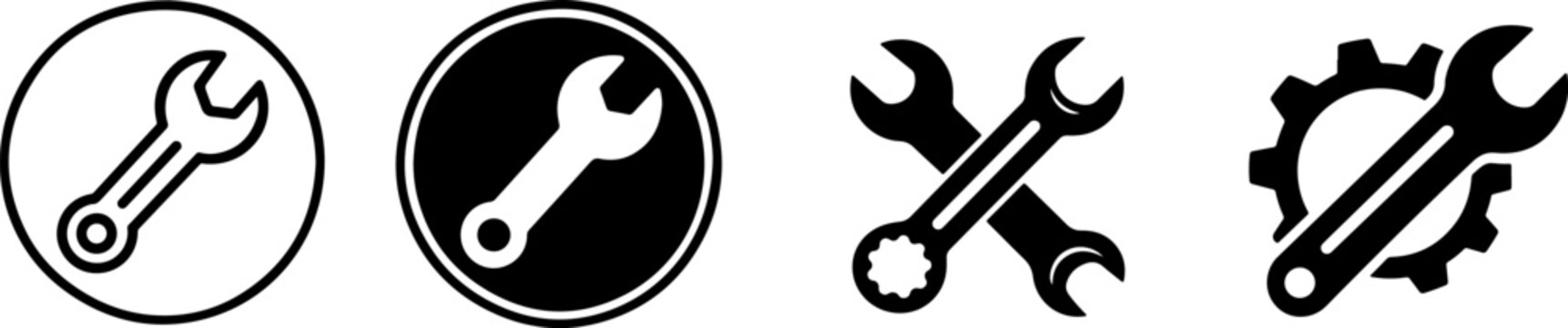 Wrench tool icon set featuring mechanical spanner vector symbols. Repair, maintenance and engineering hand tool illustrations isolated on transparent background eps