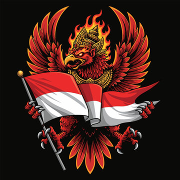 Ilustrasi Burung Garuda Memegang Bendera Indonesia dengan Aksen Api