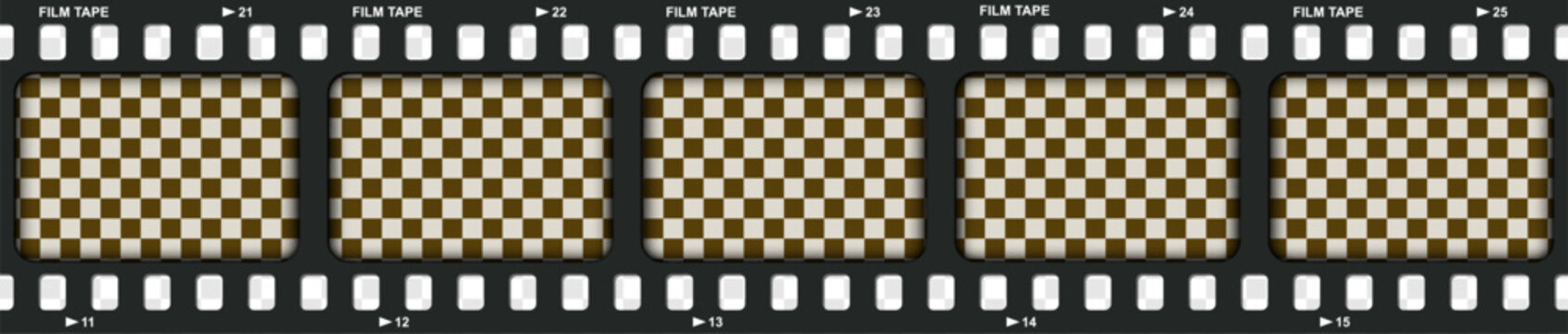 Vintage movie film long strip template isolated on transparent background. Cinema and filmmaking overlay with brown old filter. Retro video cinema or photograph camera screen. Vector illustration