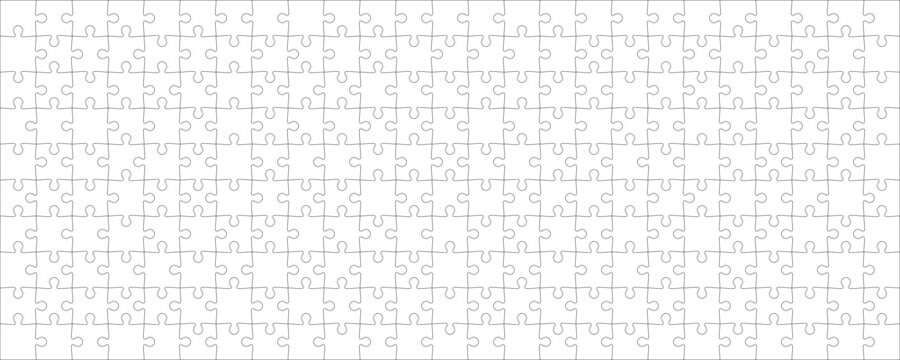 Detailed various shapes puzzle grid overlay. Jigsaw puzzle blank template. 25x10 shapes, 250 pieces. Separate matching puzzle elements. Vector png