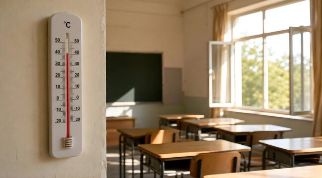 Sunlit empty classroom interior with desks and thermometer.