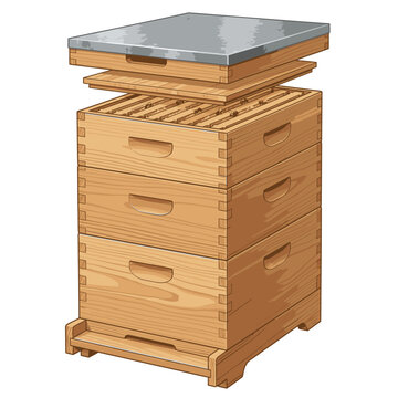 An illustration of a Langstroth beehive, showcasing its layered construction with boxes and frames