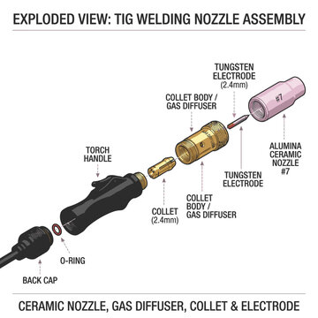 Exploded view of a TIG welding nozzle assembly, showing all components including the torch handle, O-ring, back cap, collet, collet body, gas diffuser, tungsten electrode, and alumina ceramic nozzle