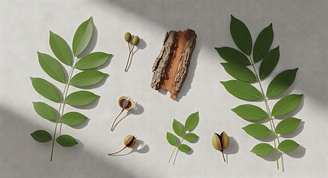 A flat lay collection of copaifera plant parts including pinnate leaves, rough tree bark, and seed pods displayed on a textured off-white background
