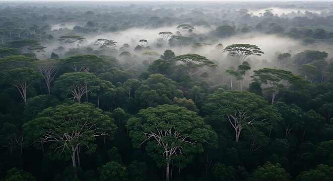 Aerial view of a misty rainforest landscape with towering copaifera trees rising above the lush green canopy in a serene and atmospheric tropical jungle