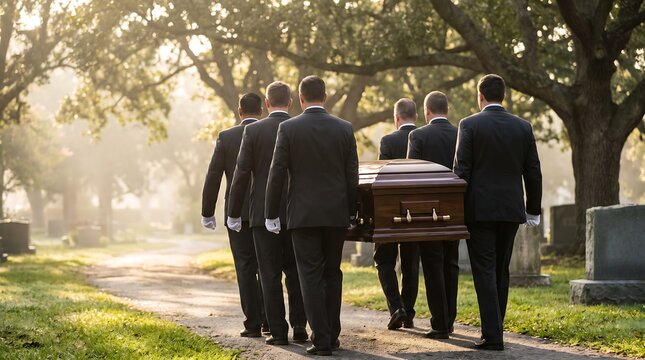 Pallbearers carrying a coffin in a cemetery. Mourners walking with a casket. Funeral procession underway.