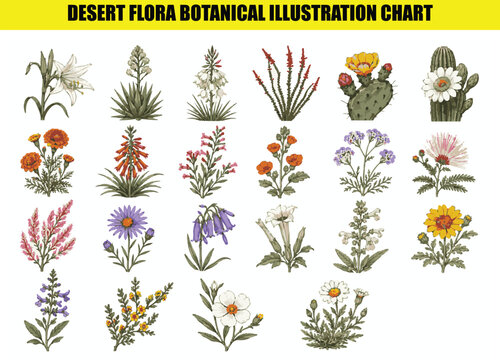 Desert flora botanical illustration chart with various arid plant species and flowers.