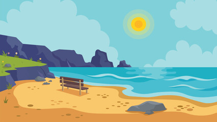 Obraz premium Flat style ocean beach landscape with wooden bench and rocky cliffs with sea background vector illustration with sunny sky vector