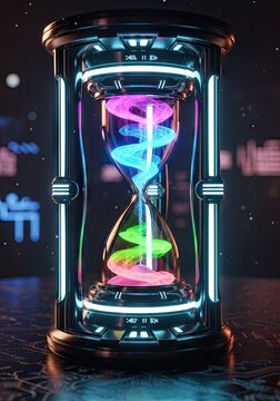 Futuristic hourglass with colorful spiral energy vortex.