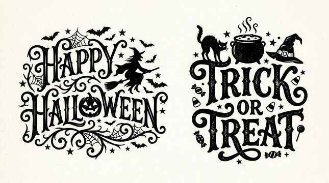 Vintage halloween typography designs with witch cauldron and bats