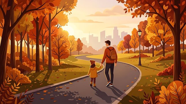 Father and daughter walking in an autumn park at sunset