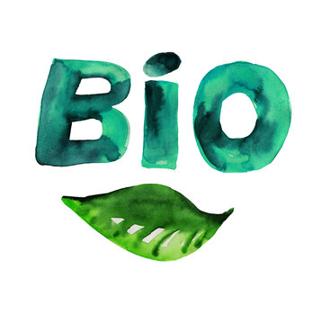 Watercolor illustration of Bio sign. Hand-drawn text isolated on white background card
