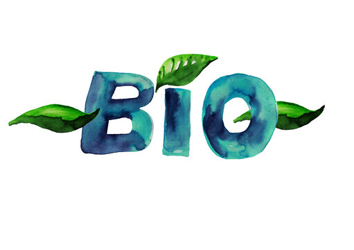 Watercolor illustration of Bio sign. Hand-drawn text isolated on white background card
