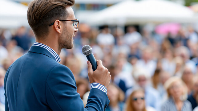 Faceless compelling male speaker addressing captivated audience during powerful speech at fair in lively atmosphere, public speaking concept, event photography, blurred audience