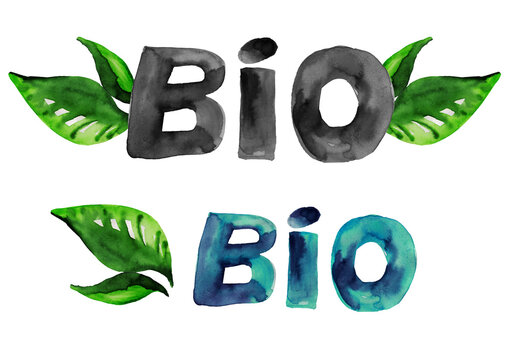 Watercolor illustration of Bio sign. Hand-drawn text isolated on white background card