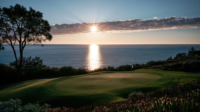 Stunning coastal golf course with vibrant green putting green, ocean view, radiant sunburst, and lush tropical foliage.