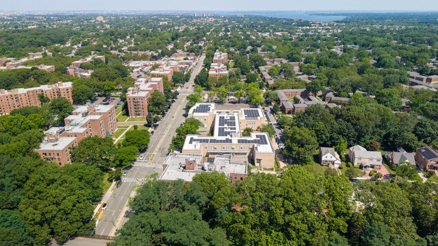 Queens, new york residential neighborhood aerial view with solar panels