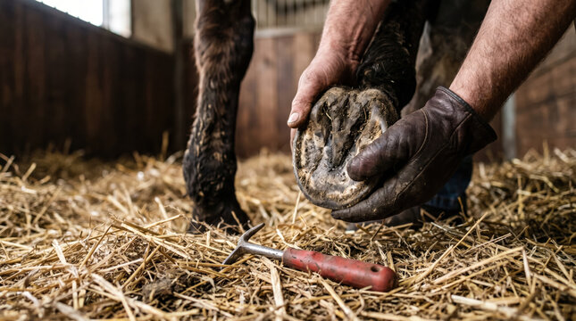 Veterinarian examining farm animals in rural barn. Veterinarian examining horse hoof in a barn, wearing gloves and holding hoof with a farrier tool on straw-covered floor