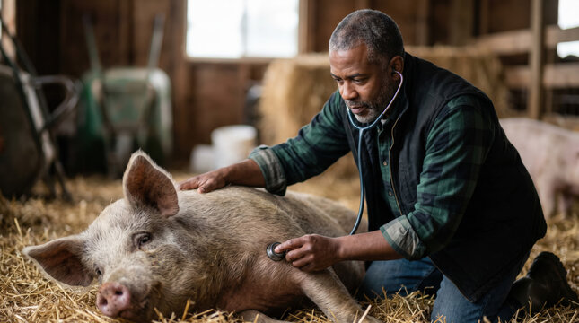 Veterinarian examining farm animals in rural barn. Veterinarian examining a pig with a stethoscope in a barn surrounded by straw and farm equipment in a rural setting