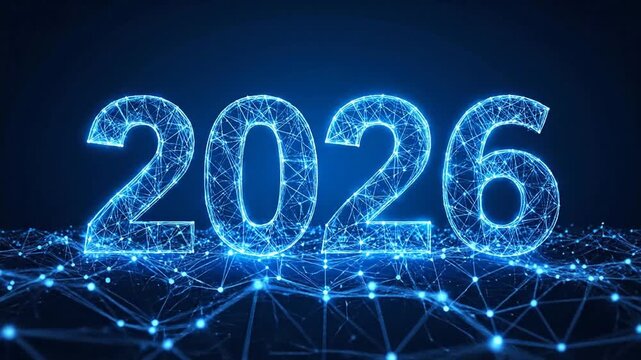 A digital representation of the year twenty twenty-six rendered in glowing blue network lines