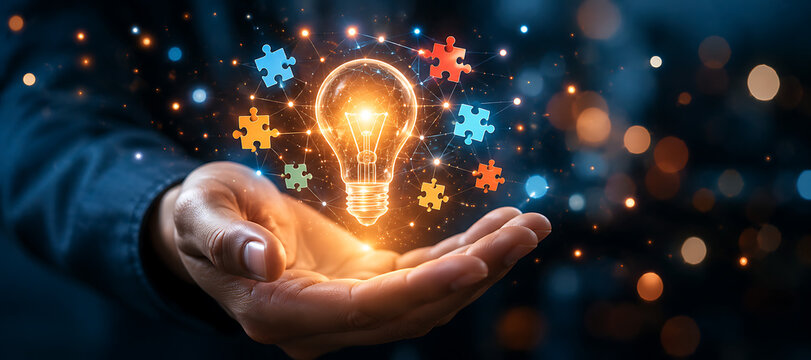 Person holding glowing light bulb with puzzle pieces, symbolizing creative idea generation and problem solving.