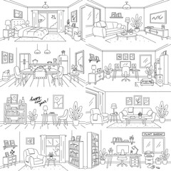 Obraz premium A black and white illustration of various interior home spaces and rooms